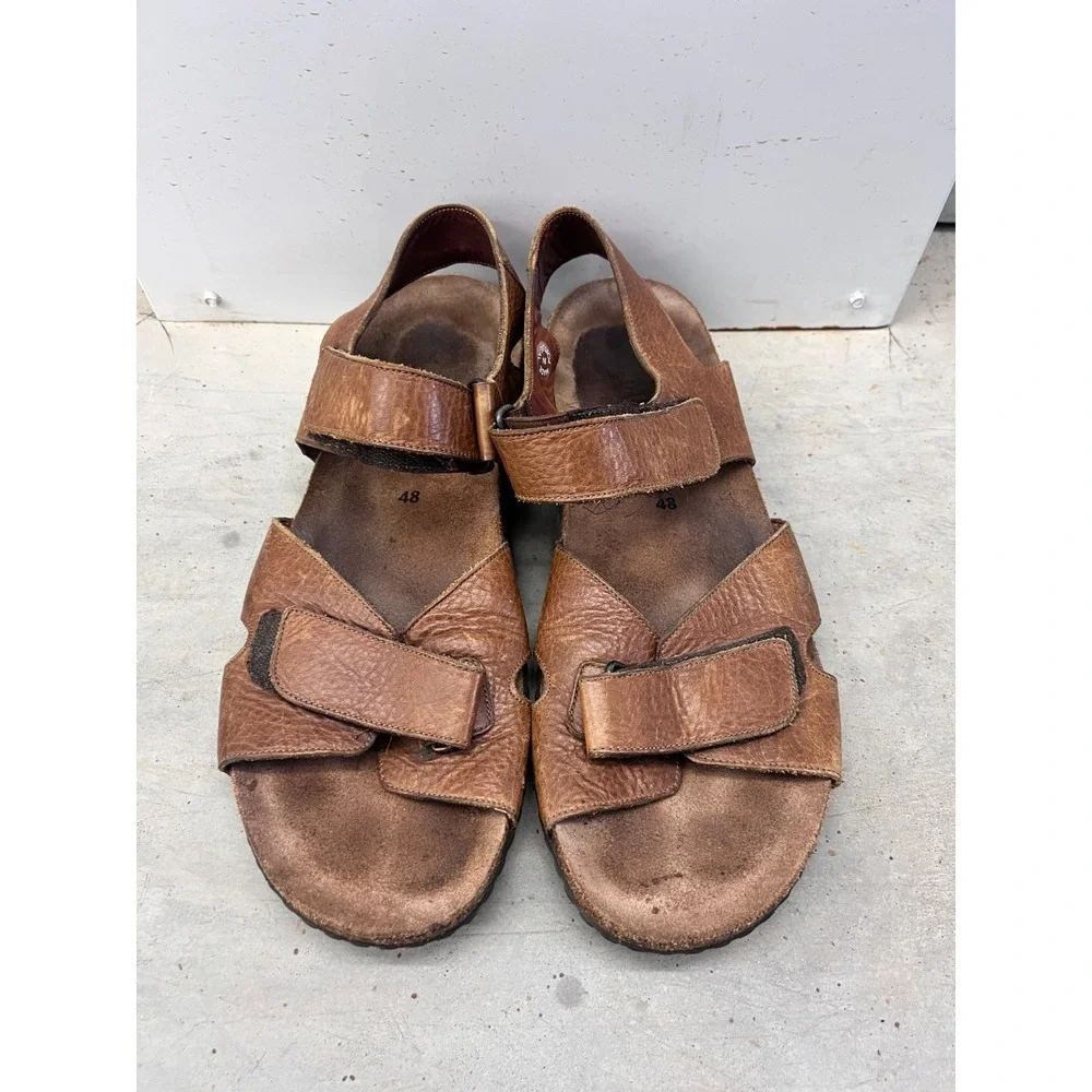 Mephisto Sandals Mens EU 48 Chestnut Leather Open Toe Hook & Loop Ankle Strap